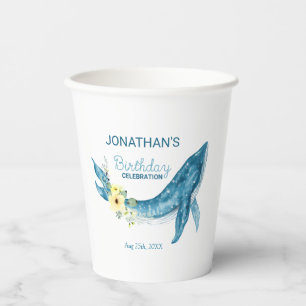 Cute Blue Whale Yellow Floral Birthday Party Paper Cups
