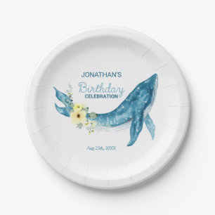 Cute Blue Whale Yellow Floral Birthday Party Paper Plate