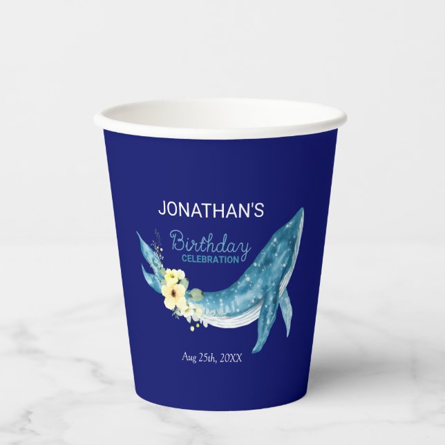 Cute Blue Whale Yellow Floral Navy Birthday Party Paper Cups (Front)
