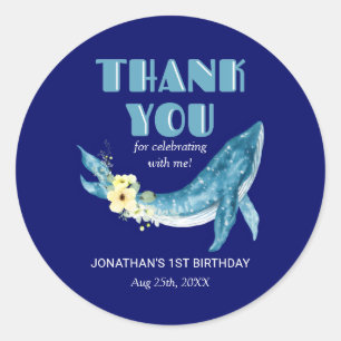 Cute Blue Whale Yellow Floral Navy Thank You Classic Round Sticker