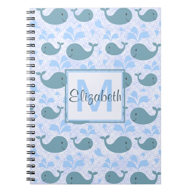Cute Blue Whales Monogram Pattern Notebook (Front)