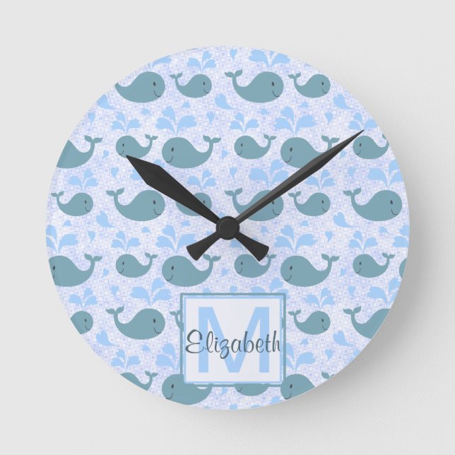Cute Blue Whales Monogram Pattern Round Clock (Front)