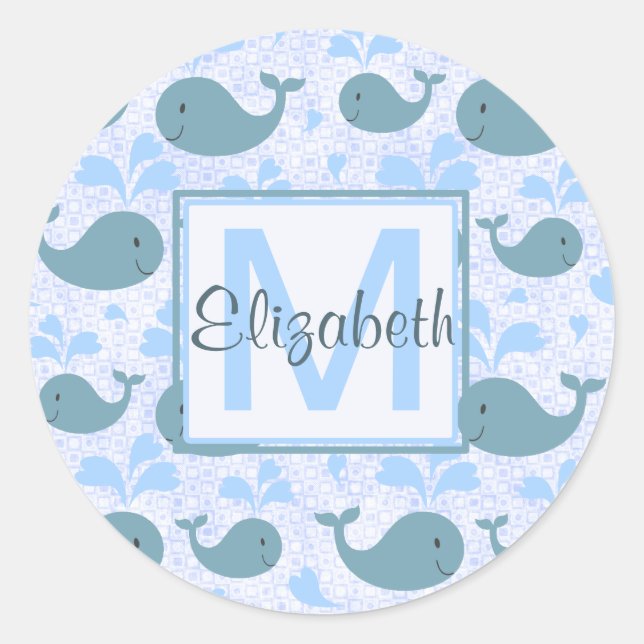 Cute Blue Whales Pattern Monogram Classic Round Sticker (Front)