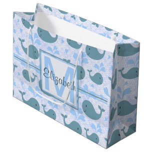 Cute Blue Whales Pattern Monogram Large Gift Bag