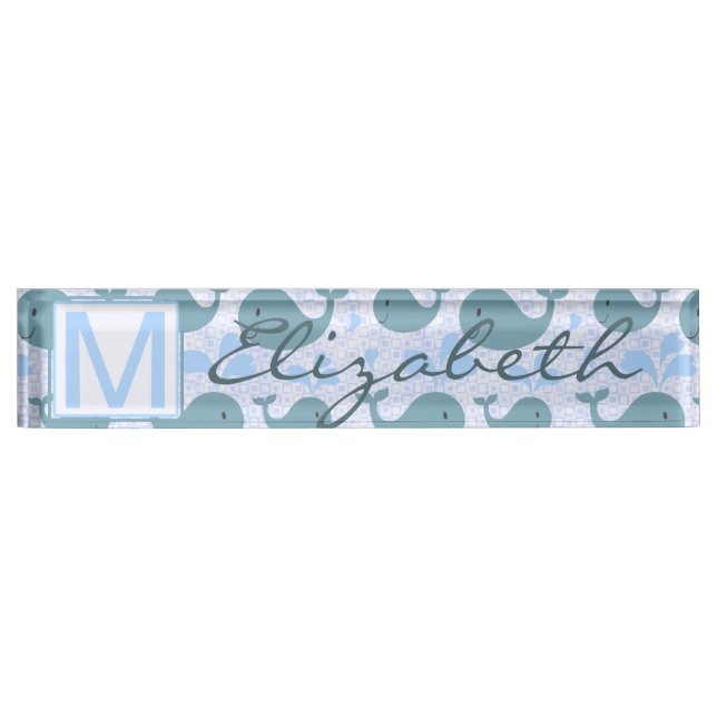 Cute Blue Whales Pattern Monogram Nameplate (Front)