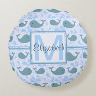 Cute Blue Whales Pattern Monogram Round Cushion