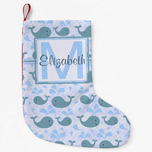 Cute Blue Whales Pattern Monogram Small Christmas Stocking (Front)
