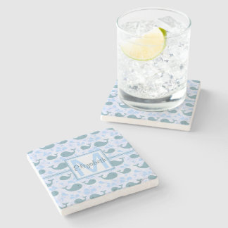 Cute Blue Whales Pattern Monogram Stone Coaster