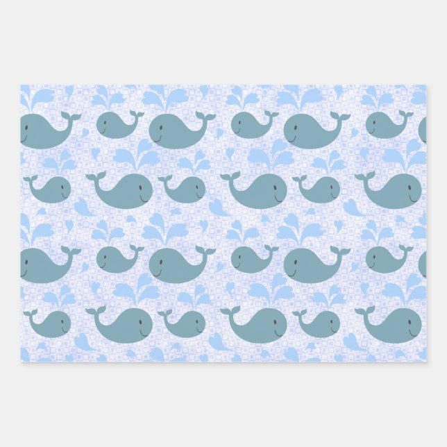 Cute Blue Whales Pattern Wrapping Paper Sheet (Front)