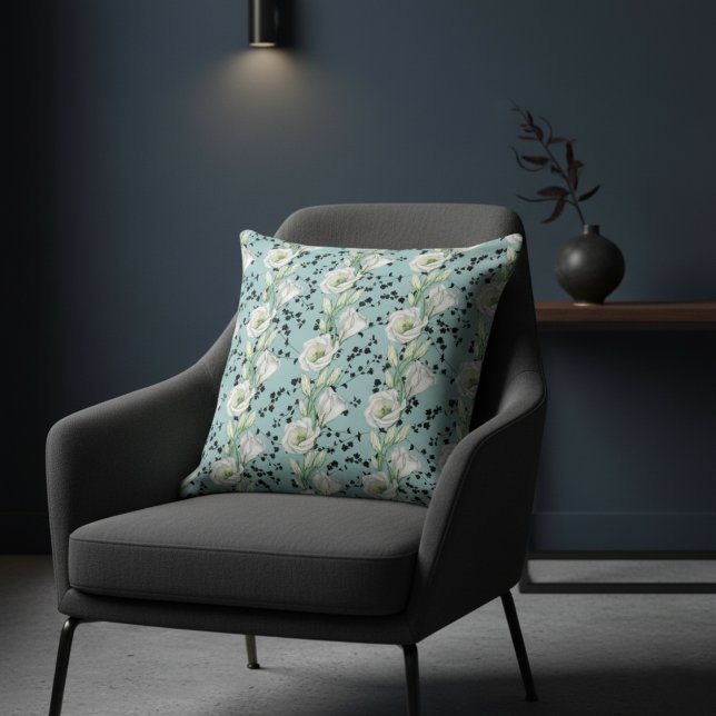 Cute Blue Whimsical Black and White Floral Patten Cushion (Creator Uploaded)