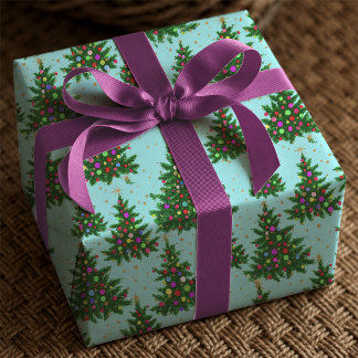 Cute Blue Whimsical Christmas Trees Holiday Wrapping Paper