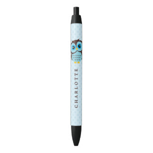 Cute Blue Whimsical Owl Black Ink Pen