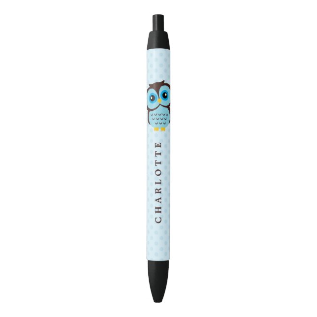 Cute Blue Whimsical Owl Black Ink Pen (Front Vertical)