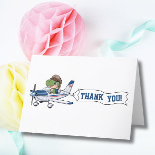 Cute Blue White Aeroplane & Dinosaur Kids Birthday Thank You Card