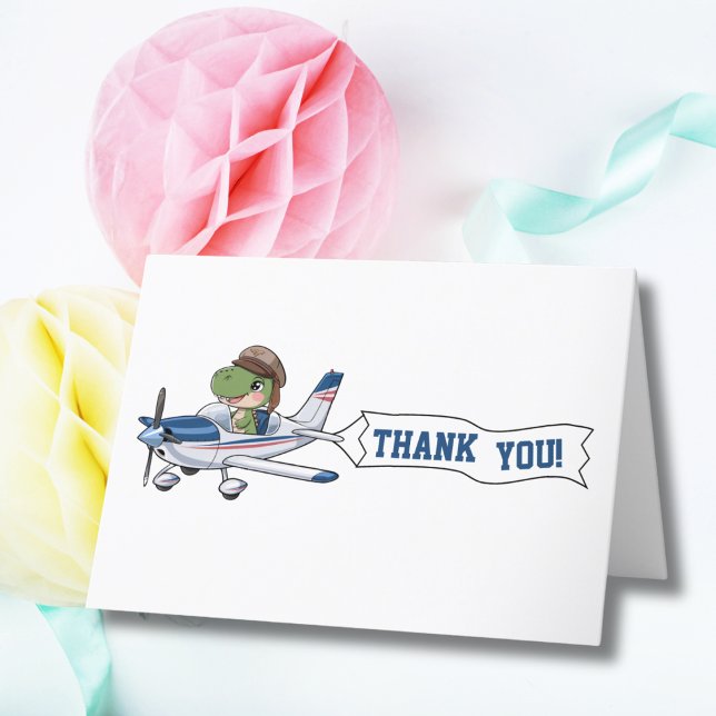 Cute Blue White Aeroplane & Dinosaur Kids Birthday Thank You Card (Creator Uploaded)