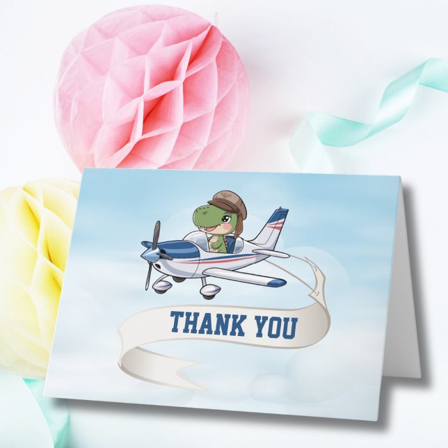 Cute Blue White Aeroplane & Dinosaur Kids Birthday Thank You Card (Creator Uploaded)