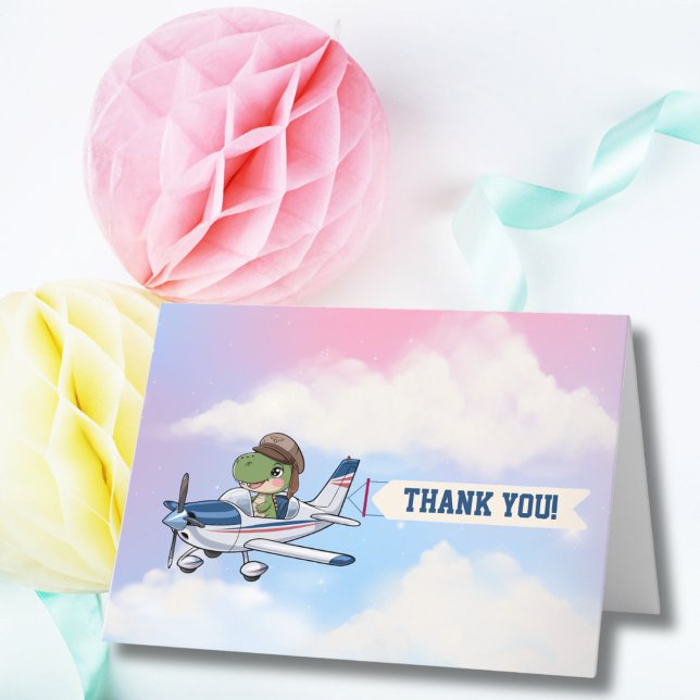Cute Blue White Aeroplane & Dinosaur Kids Birthday Thank You Card (Creator Uploaded)