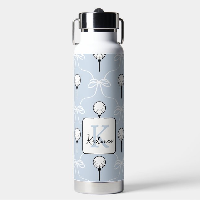 Cute Blue White Bow Golf Pattern Monogram  Water Bottle (Front)