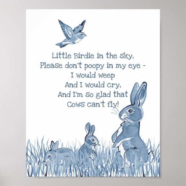 Cute Blue & White Bunny Rabbit Nursery Rhyme Child Poster (Front)