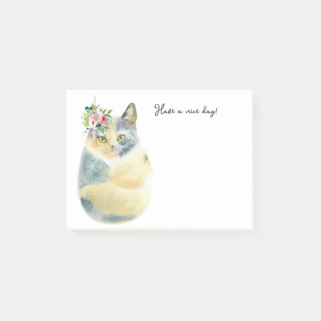 cute blue white cat boho flowers post it notes (Front)