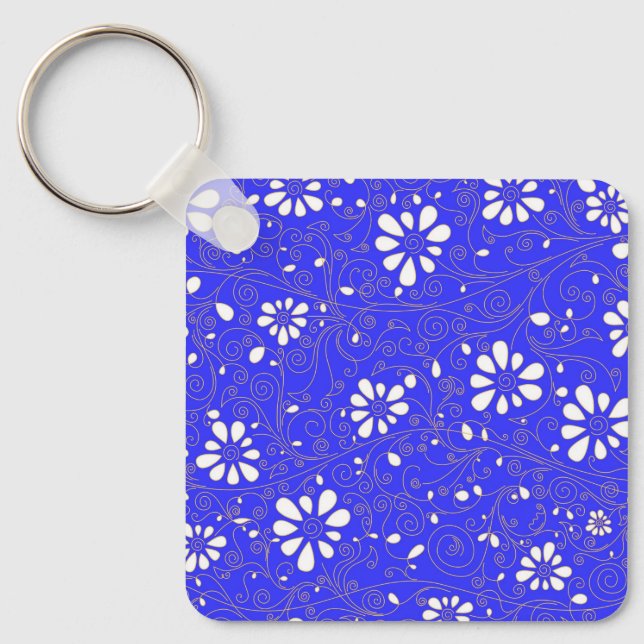 Cute blue white classic flowers pattern key ring (Front)