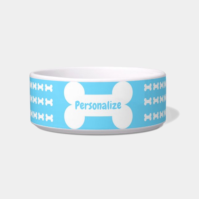 Cute Blue White Dog Bone Pattern Personalised Dog Bowl (Front)