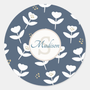 Cute Blue & White Floral Monogram Name Classic Round Sticker