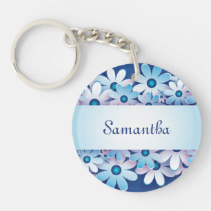 Cute Blue & White Flowers Add Your Name Key Ring