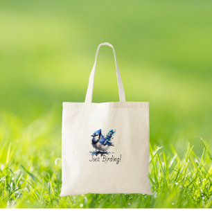 Cute BLUE/WHITE Just Birding -Blue Jay Tote Bag