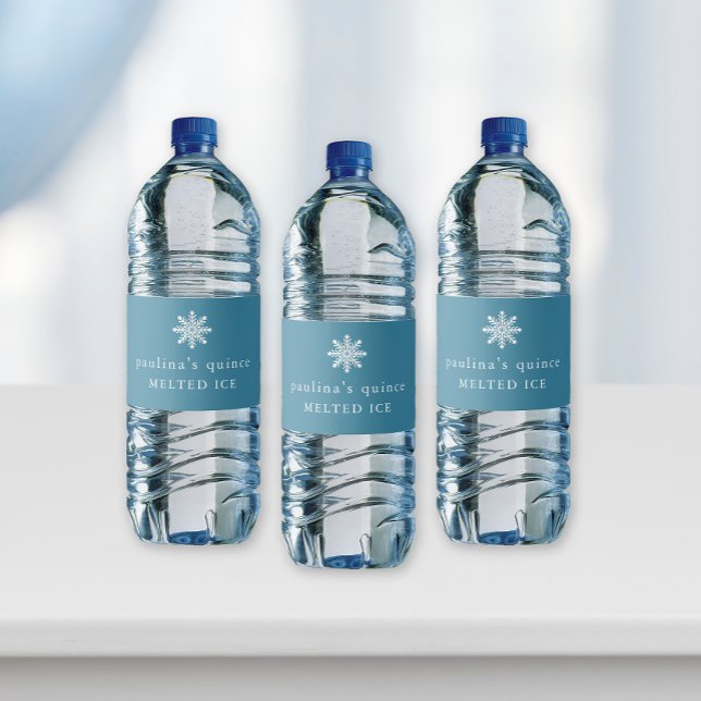Cute Blue White Melted Ice Snowflake Quinceanera  Water Bottle Label (Elegant blue "melted ice" water bottle labels for a wonderland quinceanera celebration.)