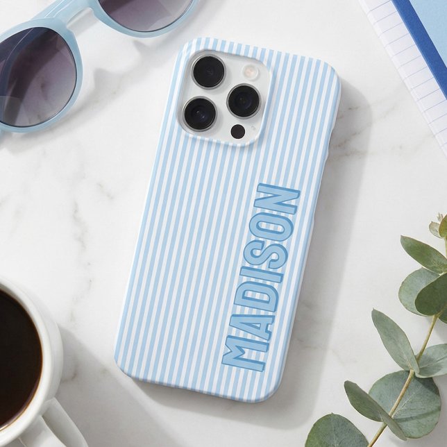 Cute Blue & White Pinstripe Personalised Name iPhone Case (Creator Uploaded)