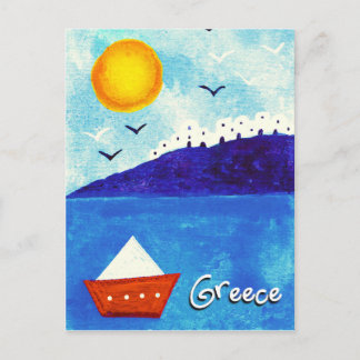 CUTE BLUE WHITE RED WATERCOLOR  GREEK BOAT POSTCARD