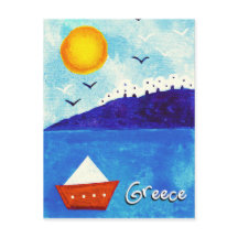 CUTE BLUE WHITE RED WATERCOLOR  GREEK BOAT