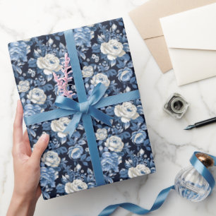 Cute blue white rose tiled pattern wrapping paper