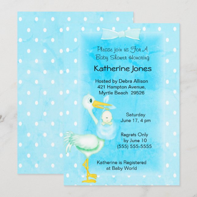 Cute Blue White Stork Baby  Boy Shower   Invitation (Front/Back)