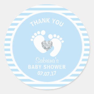 Cute Blue White Stripes Feet Heart Boy Baby Shower Classic Round Sticker