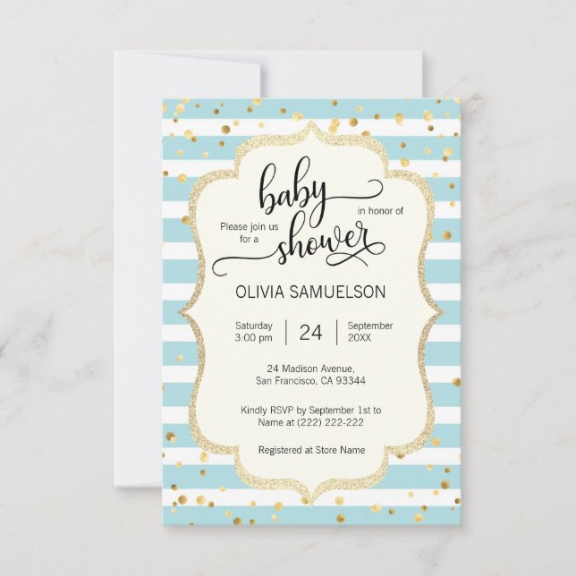 Cute Blue White Stripes Gold BOY Baby Shower Invitation (Front)