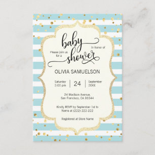 Cute Blue White Stripes Gold BOY Baby Shower Invitation
