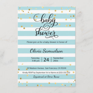 Cute Blue White Stripes Gold BOY Baby Shower Invitation