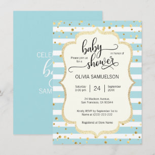 Cute Blue White Stripes Gold BOY Baby Shower Invitation