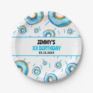 Cute Blue & White Watercolor Doughnut Boy Birthday Paper Plate