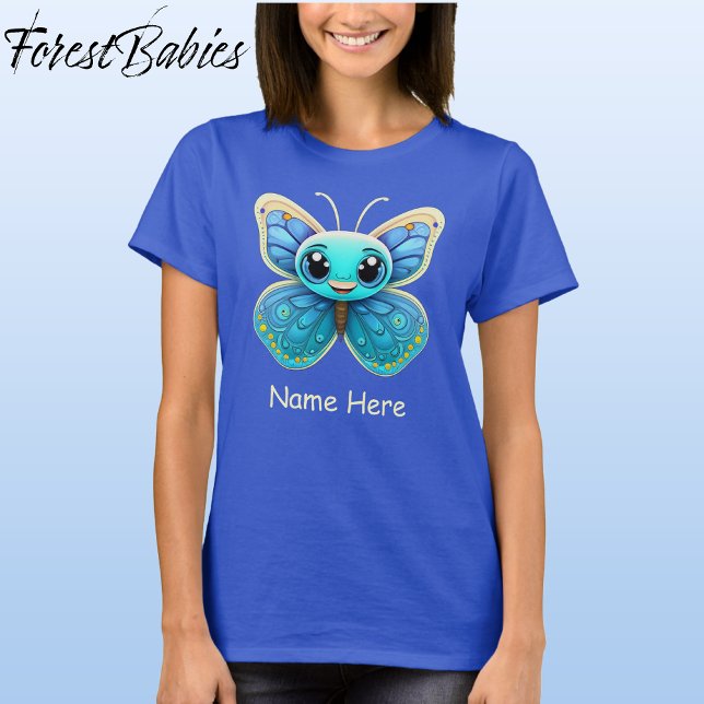 Cute Blue Wildlife Butterfly Kid's Cartoon Graphic T-Shirt (Butterfly, Deep Royal Blue Customizable ForestBabies Women's Basic T-shirt - Front)