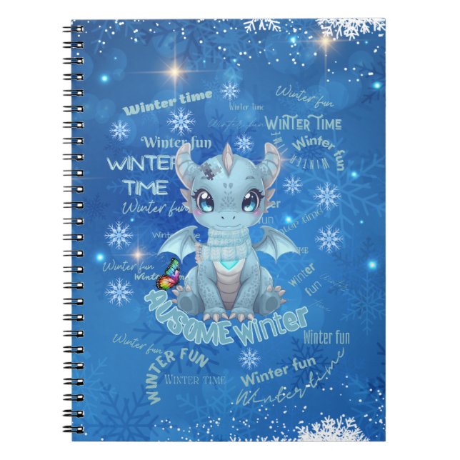 Cute Blue Winter Dragon – Magical Snowflake Notebook (Front)