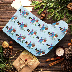 Cute Blue Winter Snowman Poinsettia Christmas Large Christmas Stocking