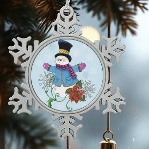 Cute Blue Winter Snowman Poinsettia Christmas Snowflake Pewter Christmas Ornament