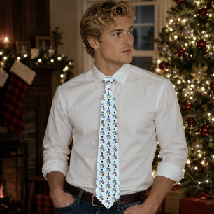 Cute Blue Winter Snowman Poinsettia Christmas Tie