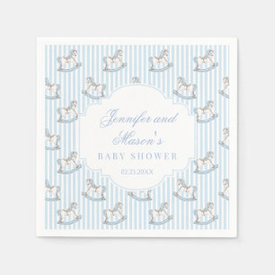 Cute blue wooden horse toy boho baby boy shower napkin
