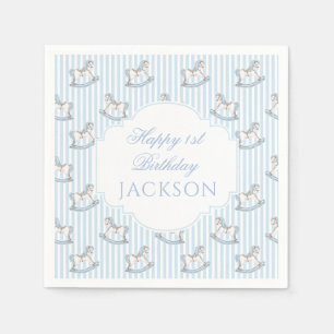 Cute blue wooden horse toy boho happy birthday boy napkin