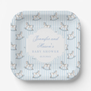 Cute blue wooden rocking horse baby boy shower paper plate