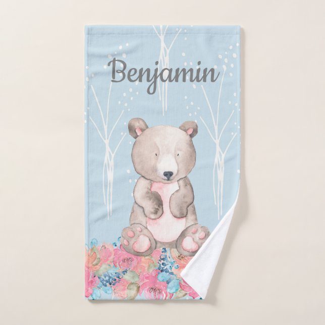 Cute Blue Woodland Bear Baby Nursery Hand Towel (Hand Towel)
